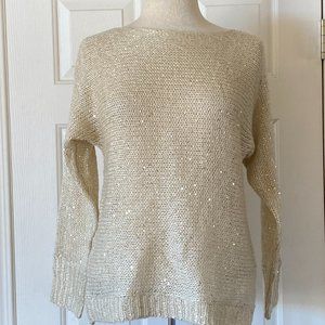 Effeci Scoop Neck Sequined Long Sleeve Knit Woven Sweater Champagne M
